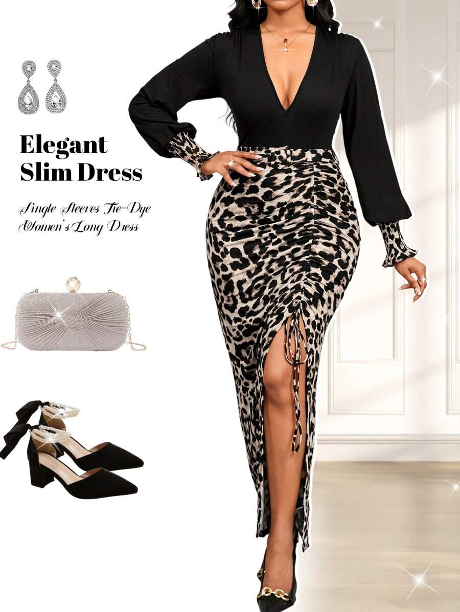 SHEIN Lady Sloping Shoulder Slim Purple Long Women's Dress Dark Purple Skirt Holiday Dress With Flowing Single Sleeves Tie-Dye Women's Long Dress