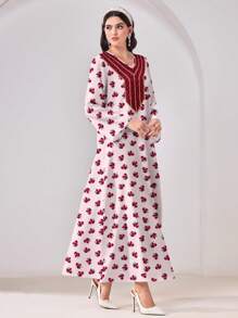 SHEIN Najma Casual Minimalist All-Over Print Modest Abaya Style Dress - White - View 5