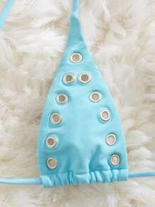 Hollowed Sexy Beach, Rivet Decor Party Music Festival Everyday Casual Vacation Beach Pool Swimwear Bikini Top For Summer - Baby Blue - View 5