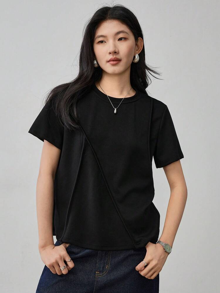 Business Casual Minimalist Asymmetric Design Patchwork Women Short Sleeve T-Shirt Preppy Tops