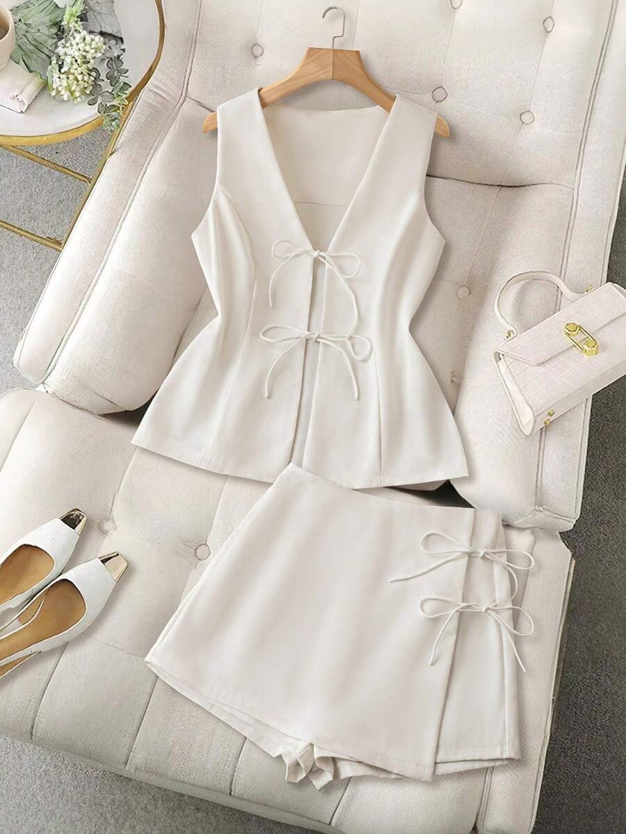 GlowEve 2pcs Women Solid Color Sleeveless Tank Top & Mini Skirt Set, Minimalist & Fashionable, Suitable For Summer