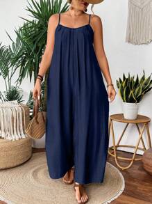 SHEIN Clasi 大码女式纯色胸部折叠口袋宽松休闲连体裤带肩带