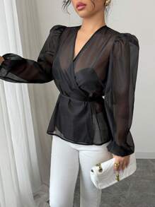 Elenzga Women's Black Sheer Long Sleeve Thin Elegant Simple Jacket - Black - View 6