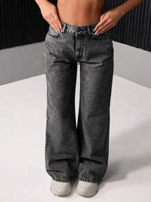 EURMUSE 女式纯色休闲百搭口袋阔腿牛仔裤 - 灰色 - 查看 5