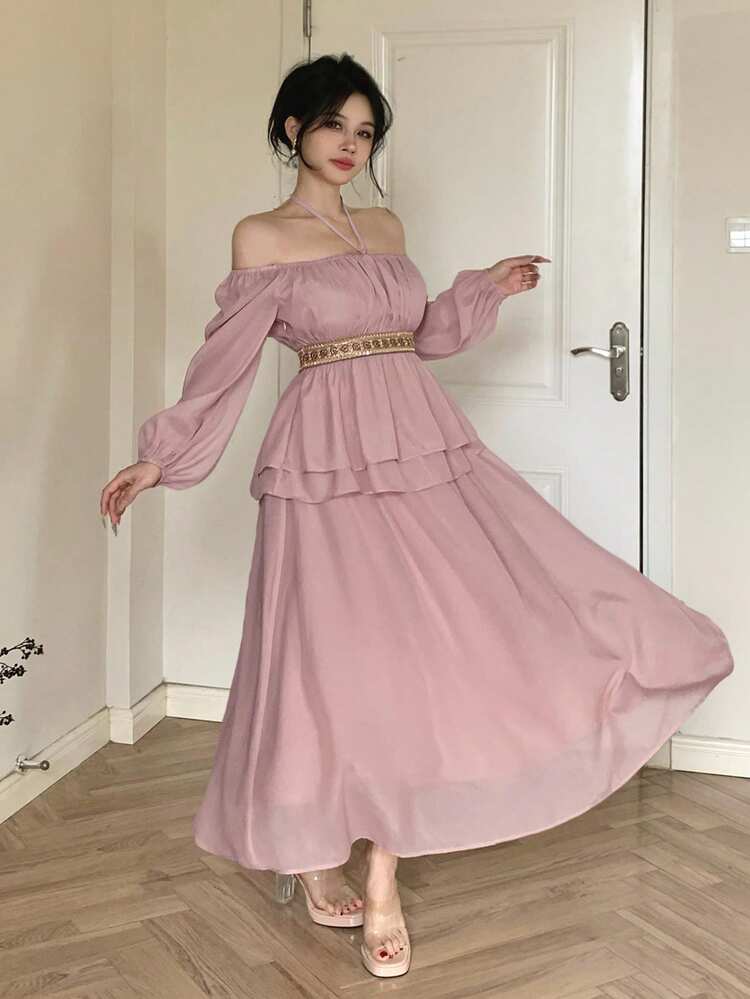 2pcs Women's Set: Patchwork Halter Neck Long Sleeve Shirt & Skirt