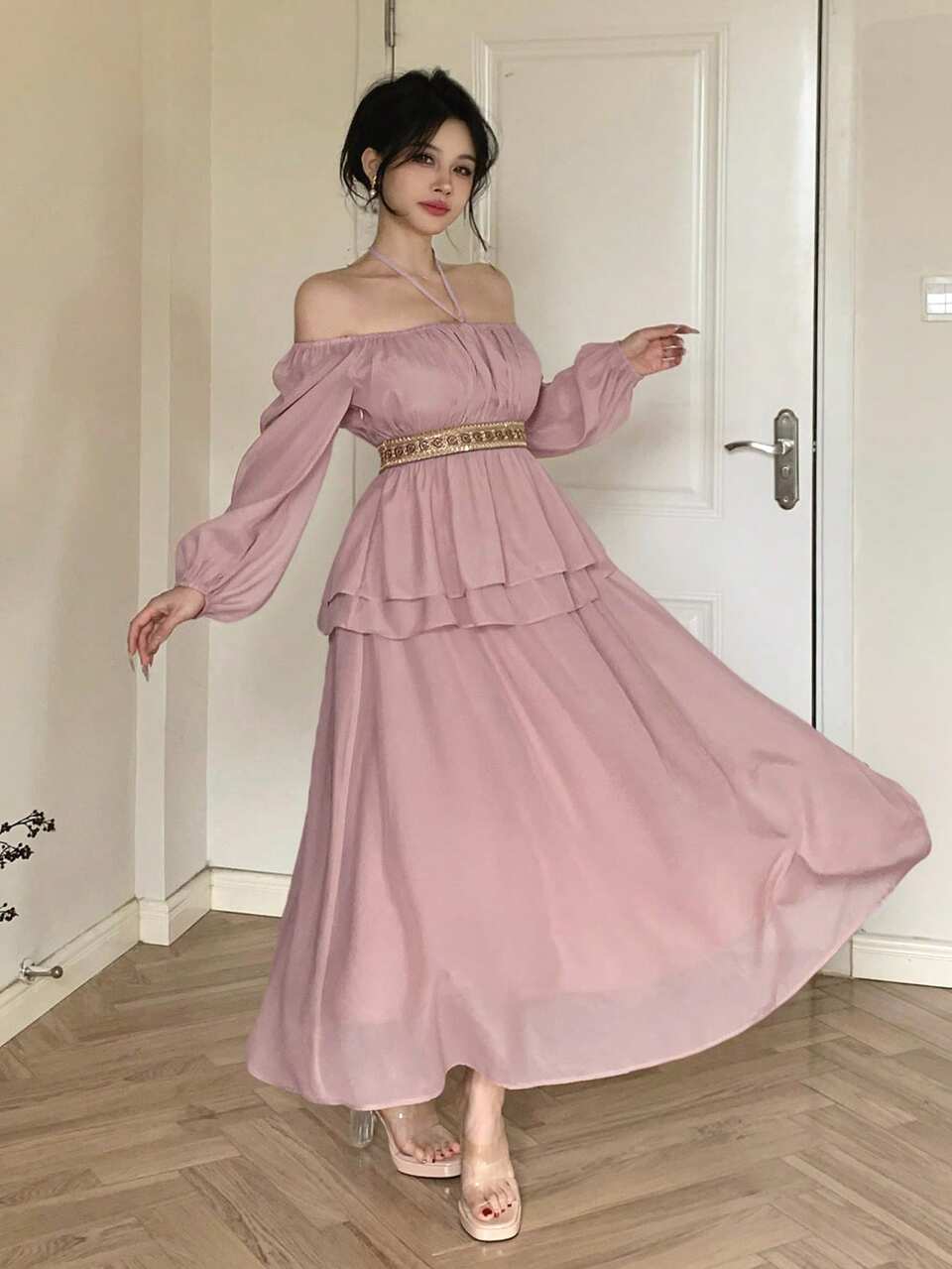 2pcs Women's Set: Patchwork Halter Neck Long Sleeve Shirt & Skirt Lounge Sets For Women