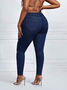 SHEIN SXY Quần jean xanh co giãn đính đá cỡ lớn, ôm vừa vặn, co giãn cho nữ, quần jean nữ, quần jean nữ, quần jean bó cho nữ, quần jean nữ cỡ lớn, quần jean nữ mùa xuân, quần jean nữ câu lạc bộ, quần jean nữ gợi cảm cho buổi hòa nhạc - Rửa trung bình - Xem 2