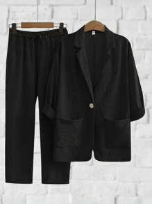 Franclia Women's Solid Color Mottled Lapel Long Sleeve Blazer And Pants Casual Suit Set