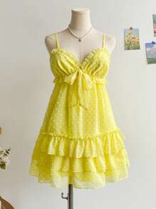 Soleia Western Wear Women,Easter Dress Women,Wedding Guest Dress Women,Vacation Dress,Concert Outfit Women,Boho,Rave Outfit Festival,Vacation Women's Yellow Romantic Floral Perforated Texture Cup Shirred Cinched Waist Front Bow Decor Layered Ruffle Hem Mini Dress,Summer Dress For Women,Birthday Dress For Women - Yellow - View 1