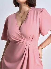 Chikora Plus Surplice Neck Wrap Hem Dress,Office Outfits For Women - Dusty Pink - View 4