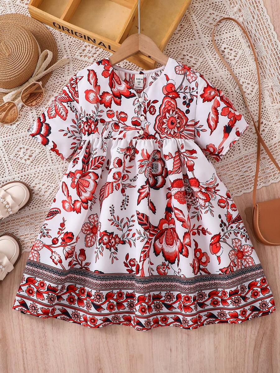 SHEIN Young Girl Casual Matching Mother-Daughter 1pc Floral Print Button Front Smock Dress, Suitable For Daily Casual Wear And Travel And Vacation Wear - White - View 1