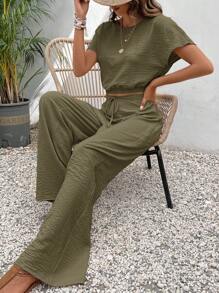 SHEIN Frenchy Áo crop top tay cánh dơi & quần cạp rút vải họa tiết hai mảnh - Màu xanh Ô liu - Xem 3