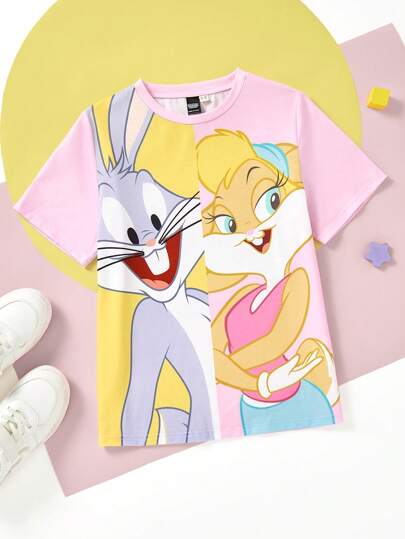 LOONEY TUNES X SHEIN 少女卡通兔子印花针织圆领短袖 T 恤