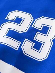 Manfinity Campus Court 休闲男士宽松 T 恤，带数字图形线条印花，运动风格 - 藍色 - 查看 8