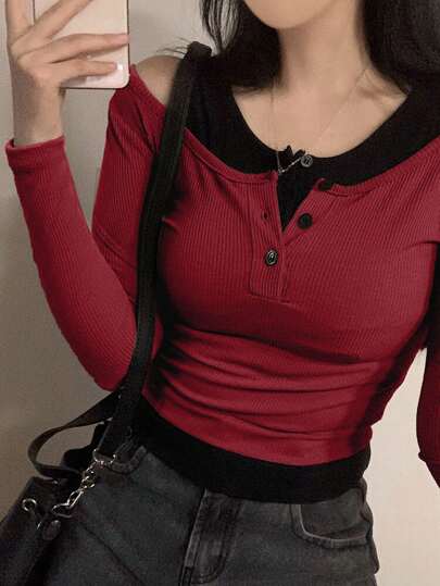 DAZY Camiseta casual de manga larga con botones y media solapa, versátil, con efecto de capa, para verano y otoño