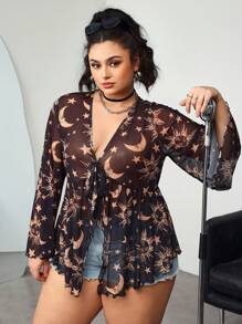 SHEIN CURVE+ Blusa de manga larga con cuello en V con estampado de estrellas y lunas para mujeres talla grande, ideal para el festival de música y el Ramadán