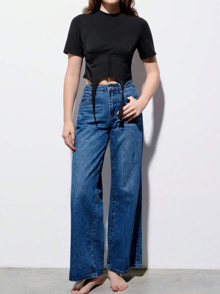 SHEIN Maija 2025 Summer New Black Short Round Neck Pullover Knit Patchwork Asymmetrical Hem Metal D-Ring Straight Cut Casual Chic T-Shirt Top, Versatile For Spring Break, St. Patrick's Day Outfitting
