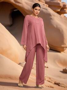 Graceveil Conjunto de 2 piezas: Top con cuello en V y volantes en el bajo, y pantalón largo de cintura elástica para mujer, para primavera/verano - Rosa - Ver 7