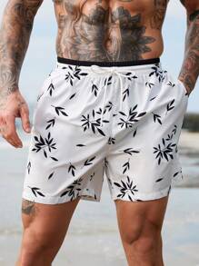 Surfspeed Men's Botanical Print Drawstring Waist Beach Shorts - Black and White - View 1