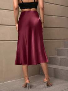SHEIN BAE Elegant Commuter Minimalist Solid Color High Waist Skirt - Burgundy - View 2