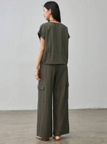 Dazy-Less 2 件套女士休闲宽松工装裤，大口袋，夏季复古风格商务休闲女装、教师装