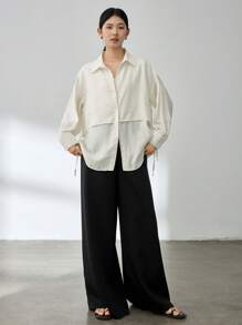 Dazy-Less 女士商务休闲亚麻纯色宽松长袖雪纺衬衫学院风上衣，秋季女装 - 白色 - 查看 2