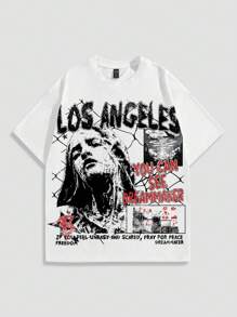 ROMWE MEN Street Life 2pcs/Set Men's Portrait Graphic Print Short Sleeve T-Shirt And Shorts, Suitable For Everyday Wear In Spring/Summer