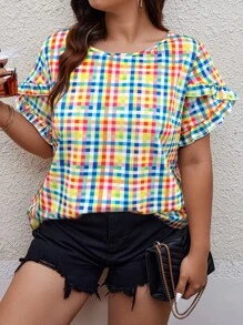 SHEIN LUNE Áo sơ mi tay ngắn hai lớp cổ tròn kẻ caro nhiều màu cỡ lớn - Nhiều màu - Xem 1