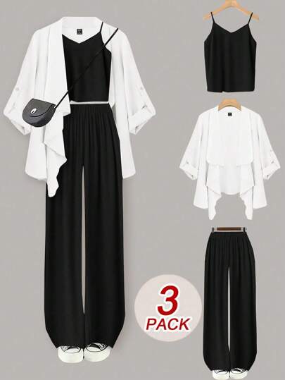 SHEIN LUNE 2 Stücke Damen-Set in Übergröße, einfarbig, gewebte Strickjacke + Unterhemd + lässige Hose mit weitem Bein