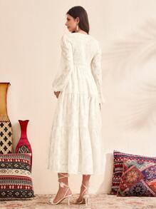 SHEIN Maternity Lantern Sleeve Ruffle Trim Jacquard Waist Cinched Dress - Apricot - View 2