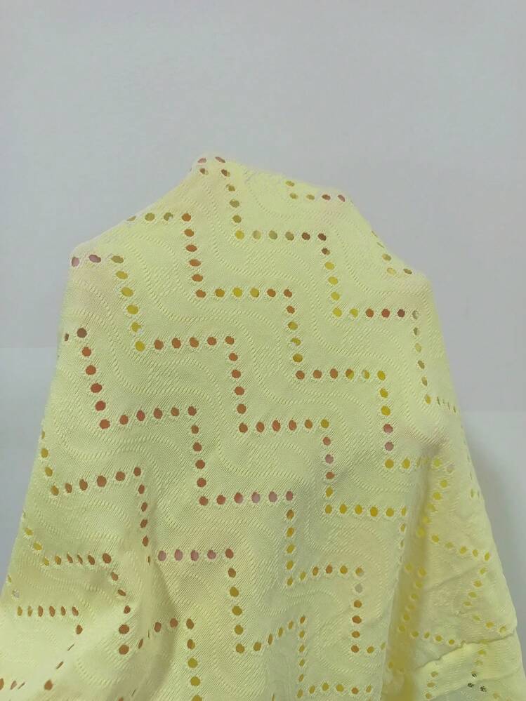 EMERY ROSE Women's V-Neck Metallic Lace Trim Batwing Sleeve Hollow Out Geometric Textured T-Shirt - Yellow - View 4