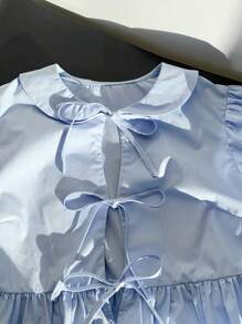 Comfortcana Women's Summer Front Tie, Ruffle Hem, Puff Sleeve Blouse