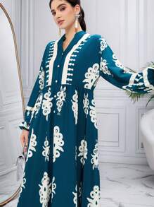 Al Najma Modest Casual Pattern Women Arabic Long Dress, Women Maxi Dress - Green - View 2