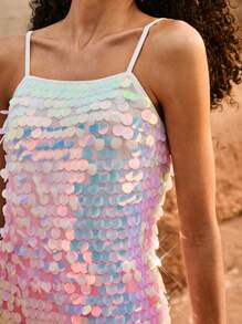 Poéselle Vestido mini lentejuelado tipo top camiseta para playa y resort de mujer