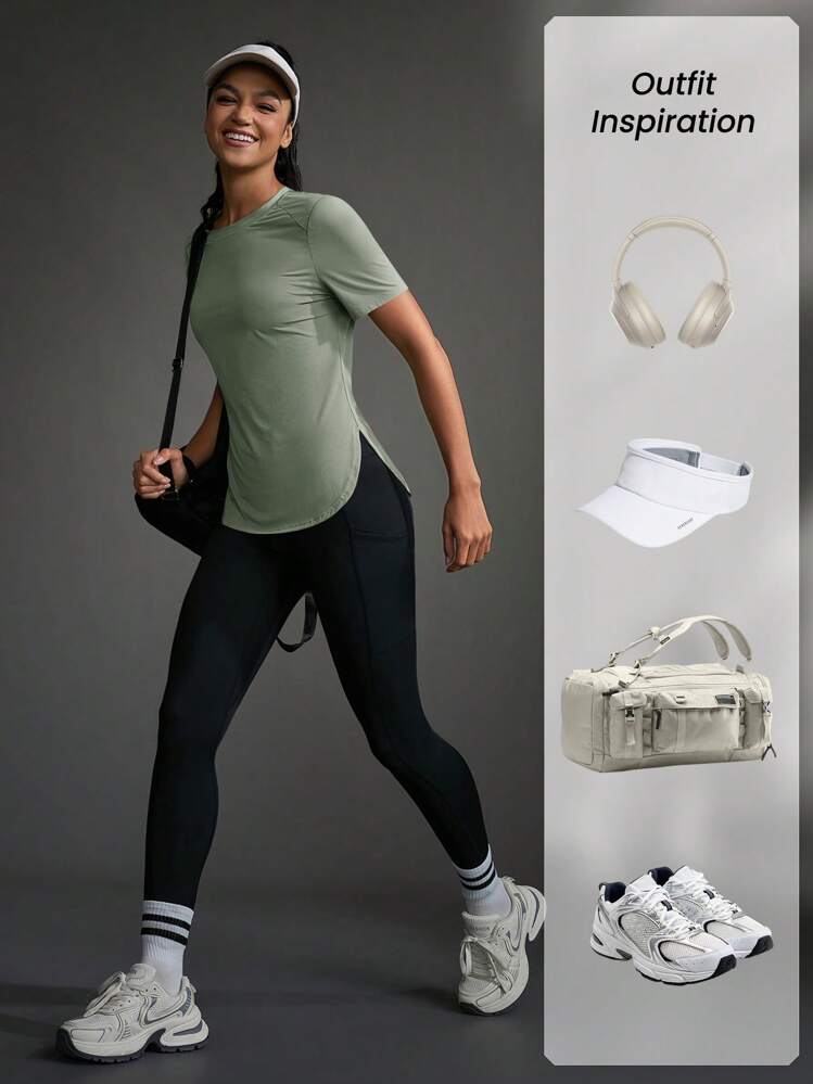Powerista Camiseta deportiva de manga corta y top de tirantes de unicolor simple para uso diario para mujeres - Verde militar - Añade 6