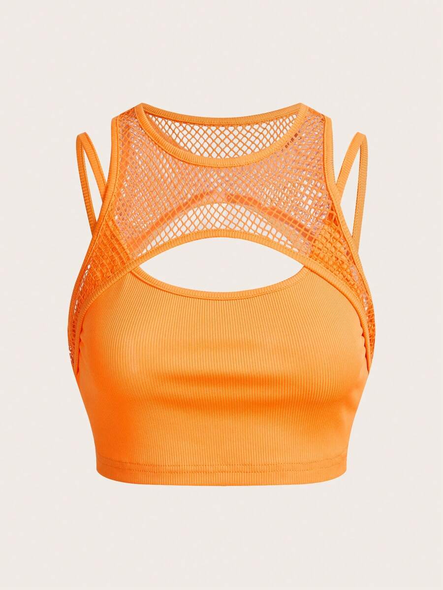 SHEIN ICON Women Solid Color Hollow Design Fashionable Round Neck Tank Top - Orange - View 1