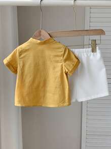 2 件套男婴夏季休闲装，黄色短袖立领衬衫和白色短裤套装，适合生日派对、晚会、表演、婚礼、婴儿送礼会、婚礼嘉宾、花童 - 彩色 - 查看 2