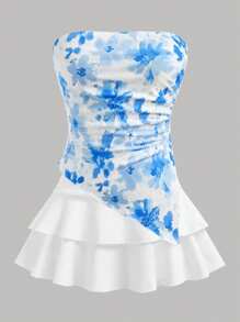 SHEIN 2pcs Set Teen Girls Blue & White Floral Print Crop Top With Ruched Asymmetrical Hem Layered Skirt Holiday Outfits