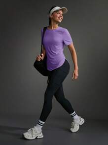 Powerista Áo thun thể thao ngoài trời cổ tròn tay ngắn màu trơn dành cho nữ - Màu tím - Xem 15