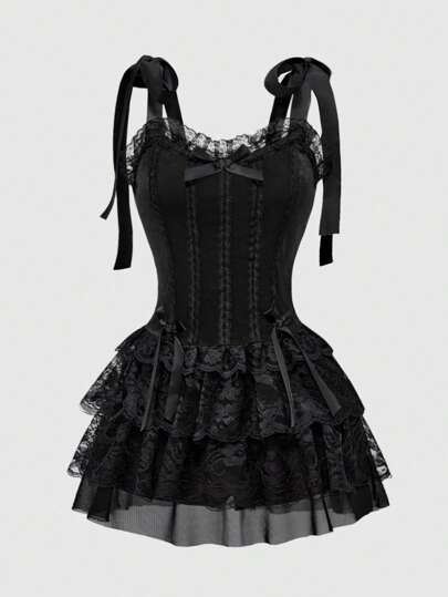 ROMWE Gothic Vintage Palace Style Contrast Color Lace Trim Cross Pendant Velvet Spaghetti Strap Corset Midi Dress For Women