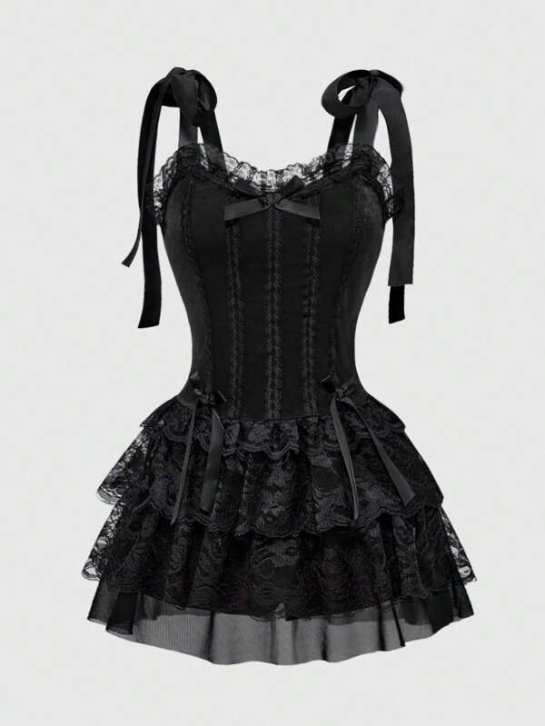 ROMWE Goth Rochie midi pentru femei, în stil palat, stil gotic, de culoare contrastantă.