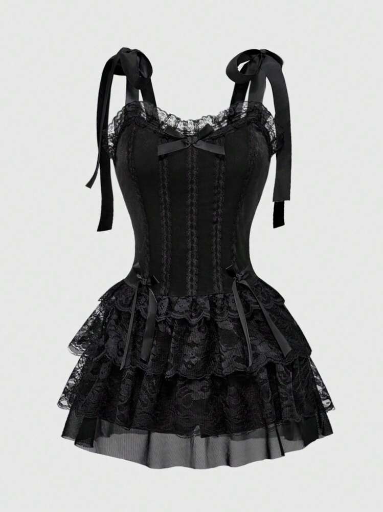 lace panel cross back gothic corset dress Black Gothic Tiered Lace Corset Dress Cardigan / S