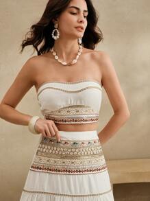 Anewsta Holiday Beach Trip Sequin Patchwork Halter Crop Top & Layered Skirt 2Pcs Set, Women Spring/Summer Vacation Outfits - White - View 6