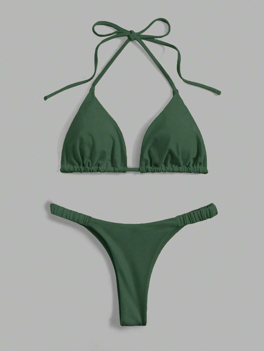 Swim Chiccia Women's Solid Color Halter Tied Sexy Bikini Swimwear Set, Summer Beach - Army Green - View 1
