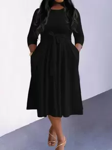 SHEIN Clasi Plus Size Women's Round Neck Tie Waist Dress Maxi Women Outfit