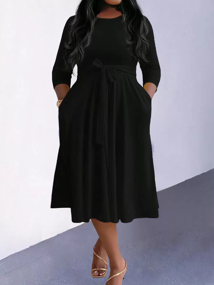 SHEIN Clasi Plus Size Women's Round Neck Tie Waist Dress Maxi Women Outfit