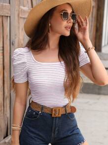 SHEIN VCAY Sommer-Lässig Gestreiftes T-Shirt mit Quadrat-Ausschnitt und Puffärmeln - Rosenrot - Übersicht 3