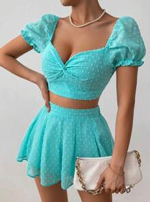 SHEIN Unity 2pcs/Set Pakaian Liburan Musim Panas Tropis Wanita Warna Turquoise, Atasan Crop Lengan Pendek Model Simpul Putar Warna Polos dan Celana Pendek Dua Potong - Mint Blue - View 7