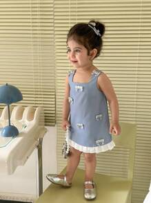 SHEIN Baby Girl Elegant Color Block Bow Decor Summer Dress - Blue - View 4