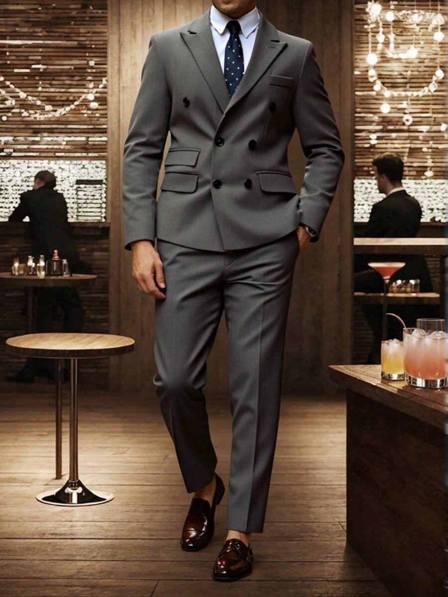 Manfinity Mode 男士前扣长袖口袋简约衬衫和长裤套装，男友礼物 - 灰色 - 查看 1